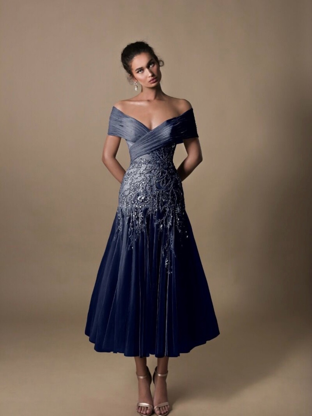 TARIK EDIZ Navy Blue Off-Shoulder Hand-Embellished Lana Dress